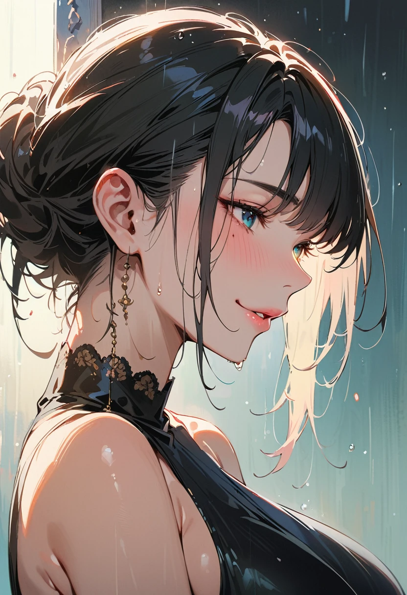 (masterpiece, best quality:1.4), 1 girl, 独奏, Heterochromia, Delicate pupils, Blurred eyes, Close your left eye, Smile, Profile,Tilt your head back 45 degrees, Right tear mole, (Black hair:1.2),  Shiny hairstyle, huge breasts, Mini Girls, Backlight, Rainy Day, Black sexy evening dress, Works by top portrait painters, Black and white gradient background.