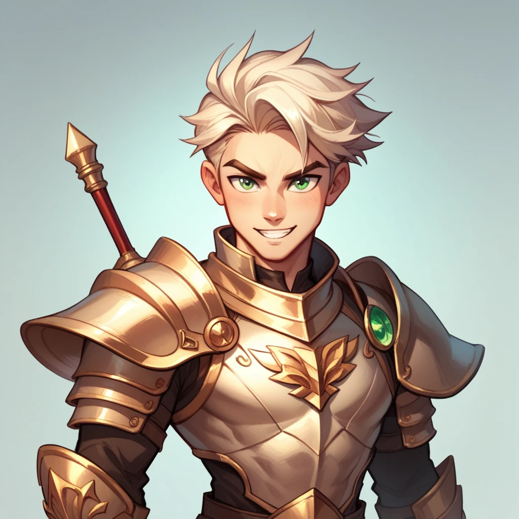 (( Toon Style ))Human Male , wearing armor gold Knight, whiter hair , solo , Green pupils 