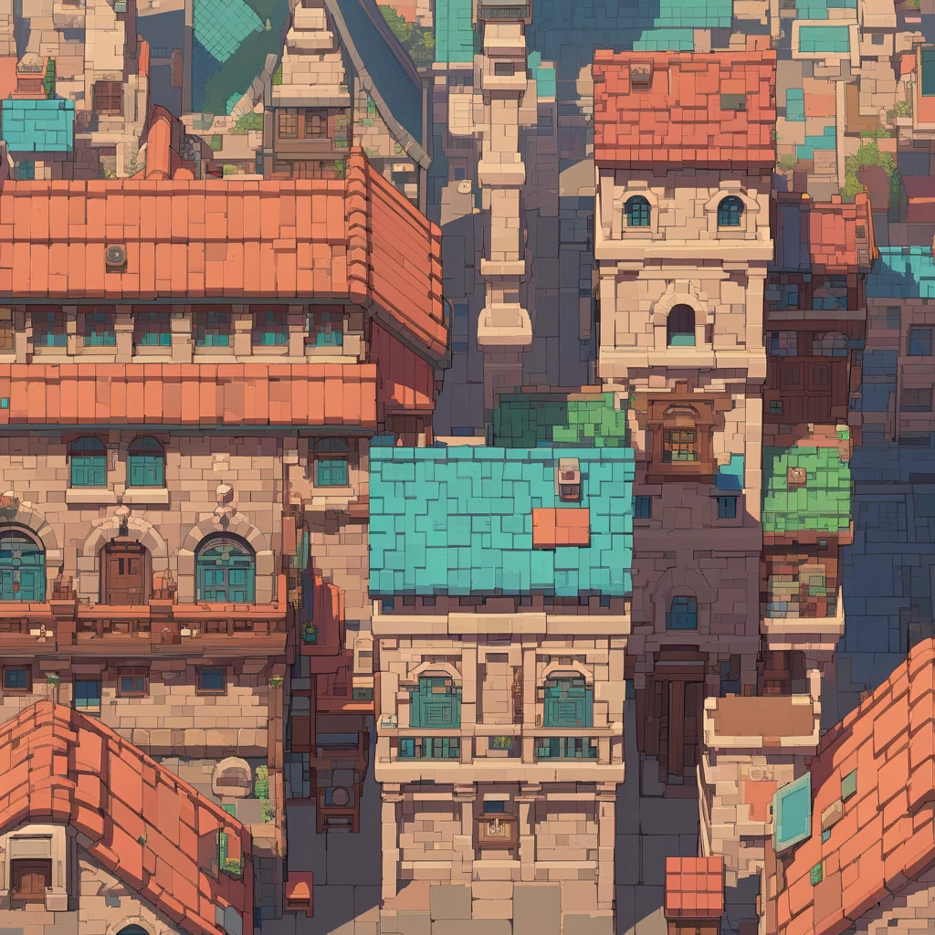 Retro video game style, pixelated, vibrant colors, 8-bit architecture, blocky shapes, sharp lines, detailed shading, classic gaming vibe, nostalgic atmosphere, reminiscent of classic arcade games. Masterpiece:1.2, ultra-detailed, illustration style. 2D texture, stone and brick textures, 4K seamless patterns, video game textures, urban and rural building textures, dirt and wood textures. Game tiles, roofs, 3/4th perspective windows, doors, and walls, 3/4th perspective tileable building facades, tileable rooftops, detailed chimneys, and ornate structures. Very detailed brick and stonework, intricate architectural details.

Building Design: Diverse structures including houses, shops, and towers with various elevations and roof styles.

Texture Detail: High resolution with intricate details like brickwork, wooden planks, and weathered surfaces.

Seamless Pattern: Ensure that the edges of the tiles seamlessly align with adjacent tiles to create a continuous and coherent townscape when repeated.