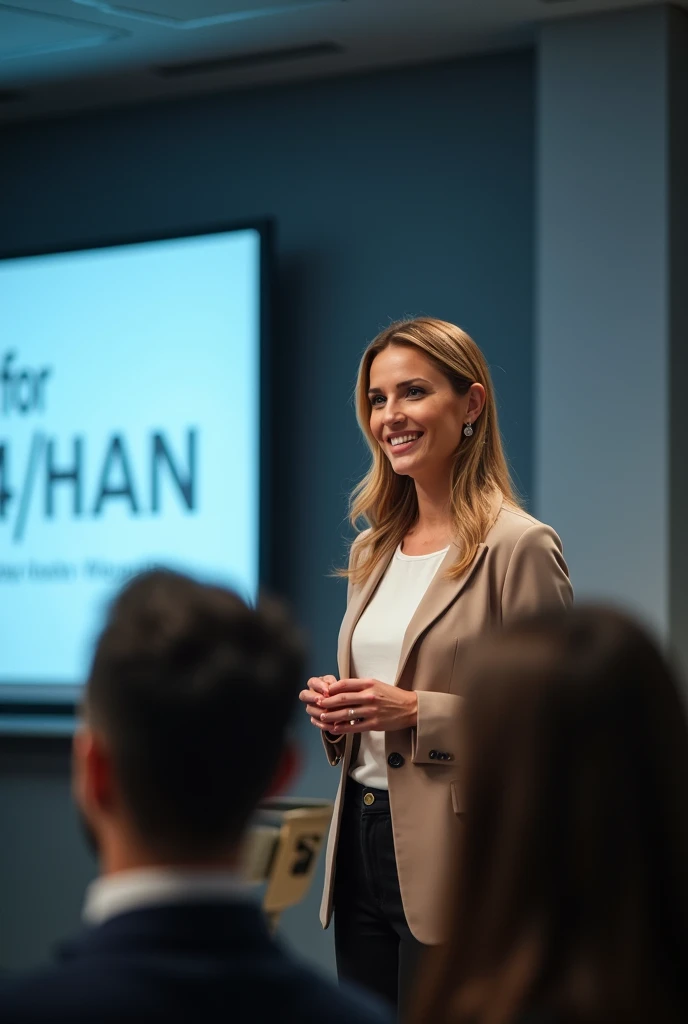 An attractive woman with a penetrating gaze giving a talk, happy, with a background of a projection that reads “RHP for S/4HANA” blurred by the focus of the image, which will be focused on women
