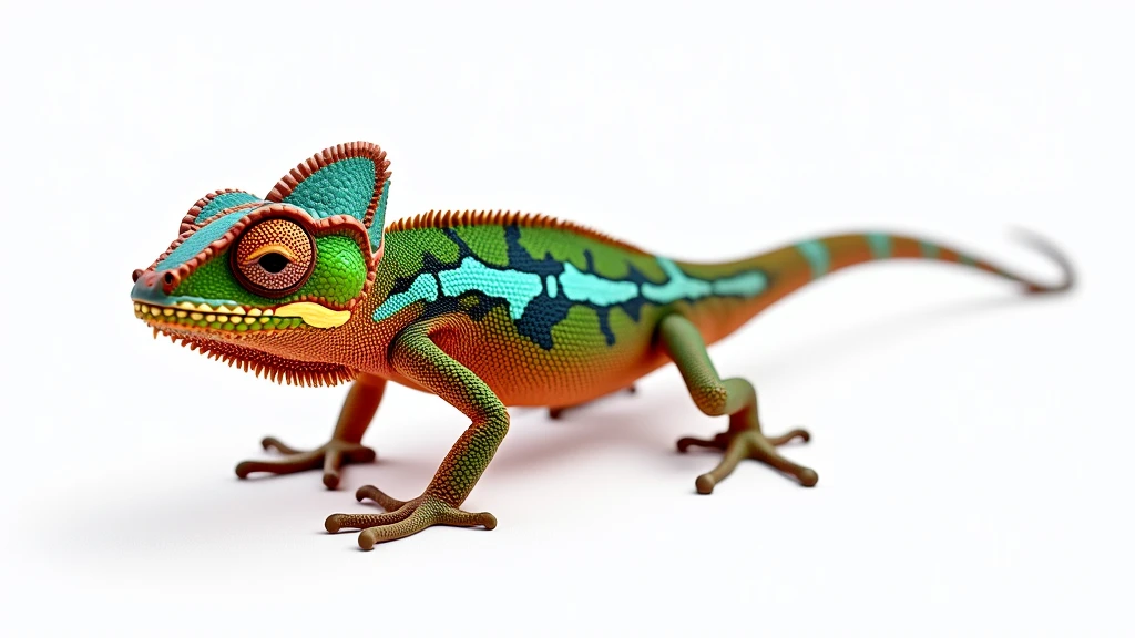 : Full-body image of a chameleon with its eyes rotating independently, showcasing its colorful skin texture, isolated on a white background. 8k