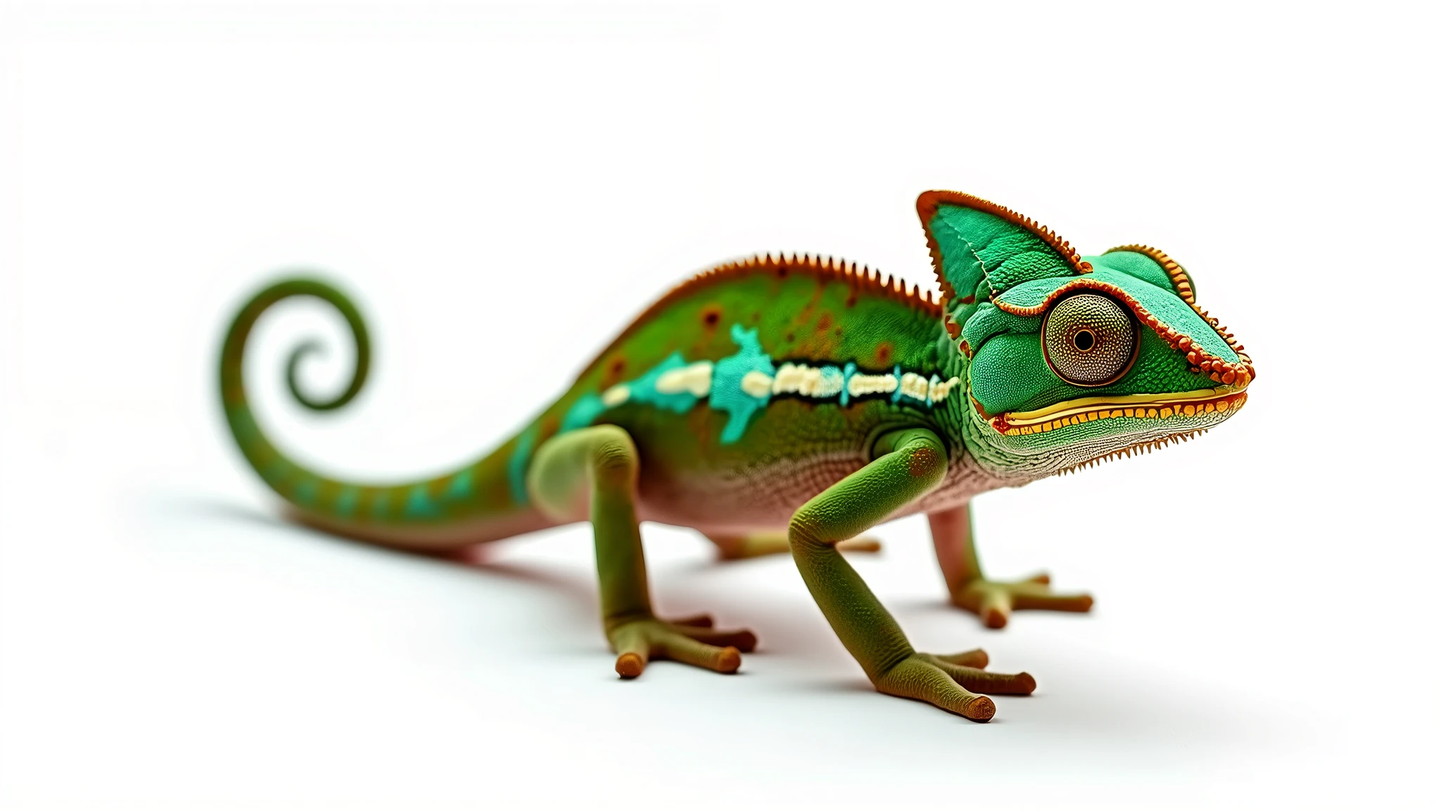 : A chameleon changing its color from green to brown, caught in transition, perfectly isolated on a clean white background. 8k  