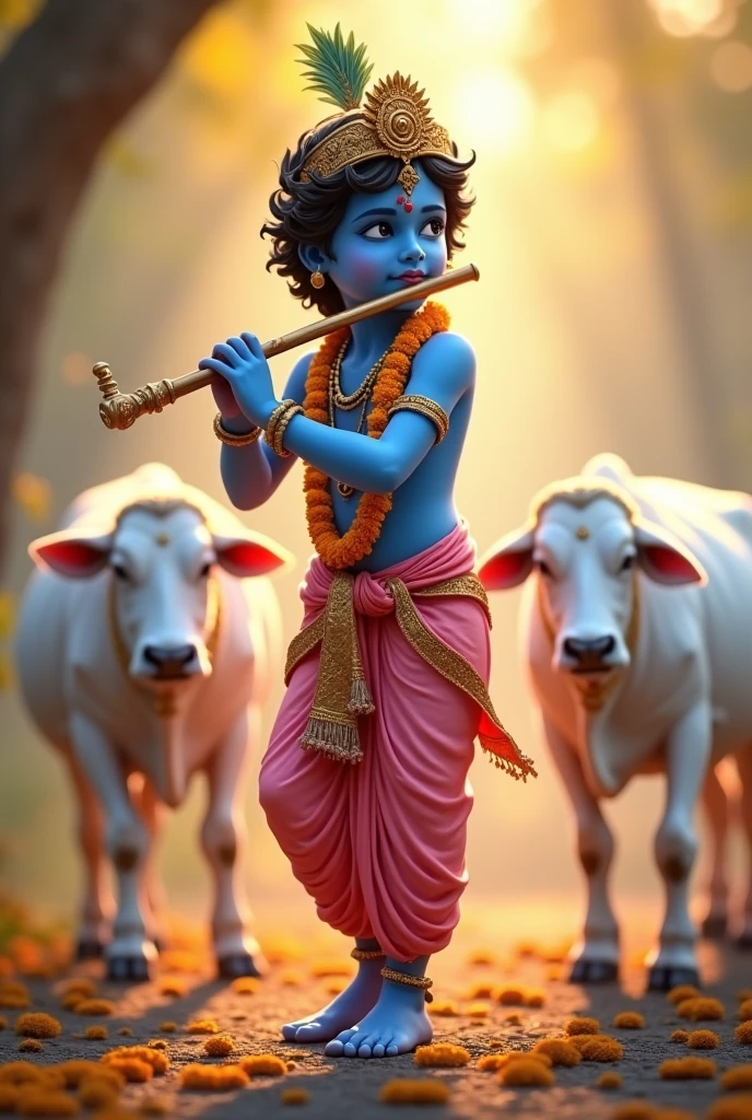 A young figure representing Lord Krishna stands serenely, playing a flute. The figure has blue skin and is adorned in traditional attire with a pink dhoti and a golden necklace. A garland of marigold flowers hangs around the neck. Two white cows are seen walking beside him against a softly blurred warm background. The overall scene conveys a sense of tranquility and devotion.