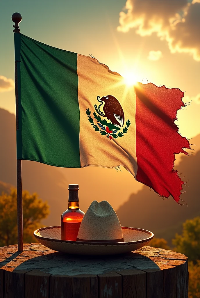 A torn Mexican flag, letting out rays of light that represent freedom. Behind the flag, A Mexican landscape with vibrant colors and natural elements like the sun, and a charro hat with a bottle of tequila. style: Photographic