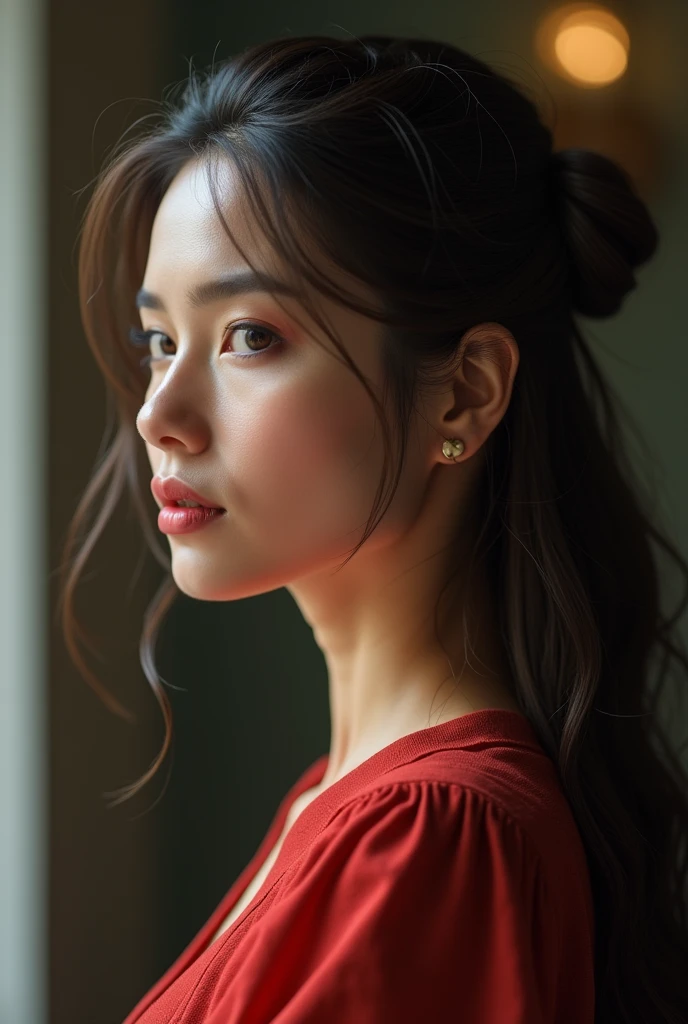 a woman whose elegance transcends the style of the clothes she wears. with a striking presence, she exudes confidence and sophistication in every gesture. their hair, long and well cared for, are always impeccably combed, and her expressive eyes reveal a combination of intelligence and empathy. full profile