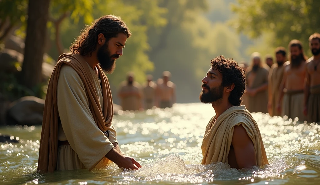 biblical history,
John the Baptist baptizes Jesus in the Jordan River, in the background there are several sinners