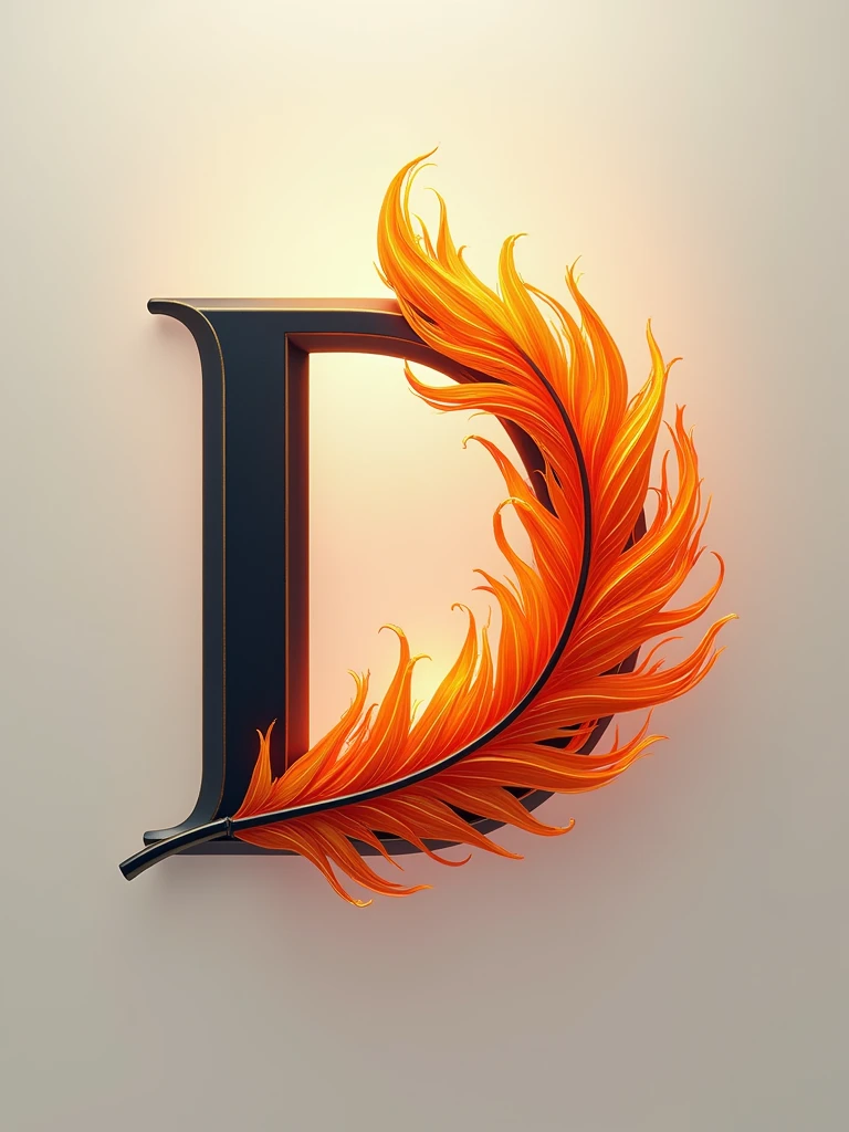 a simple clean a logo of the letter D with that feather inside, phoenix feather burning in the center of the letter D, corporate entertainment logo for movie