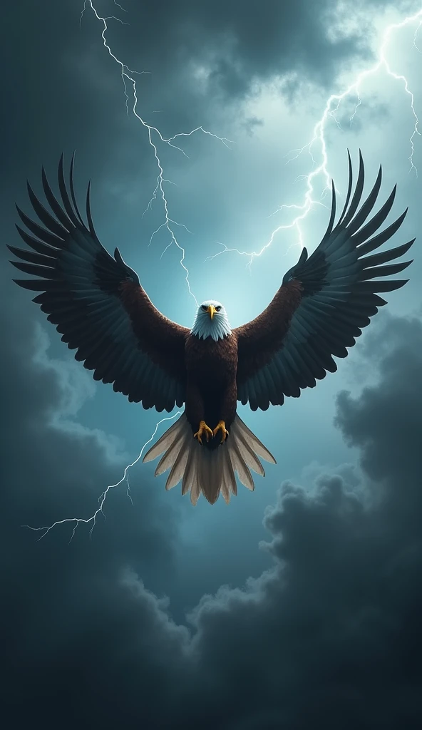 Ultrarealistic 8k Image,"An eagle flying directly towards a storm. The sky is dark and stormy, with heavy clouds and lightning in the background. the Eagle, however, has its wings open, determined and does not deviate. There is a sense of power in your posture, as if using the force of the storm to climb higher. The winds make your feathers flutter, but she remains firm and resolute."