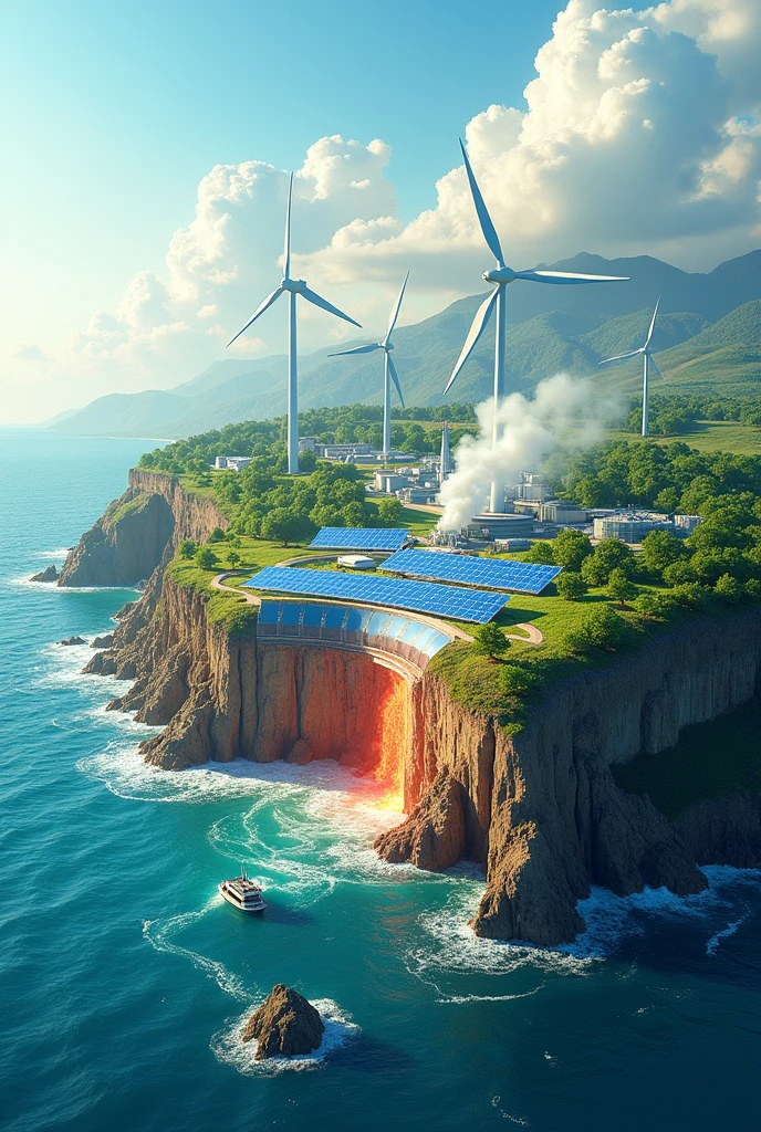 Make a digital artwork illustrating how renewable resources are being harnessed daman and diu add marine energy and geothermal energy add solar energy also