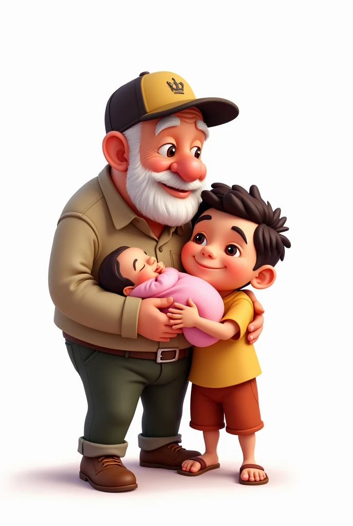 Cartoon young loving Mexican grandfather with cap without beard, with age male grandson and newborn female granddaughter in pink dress on a white background