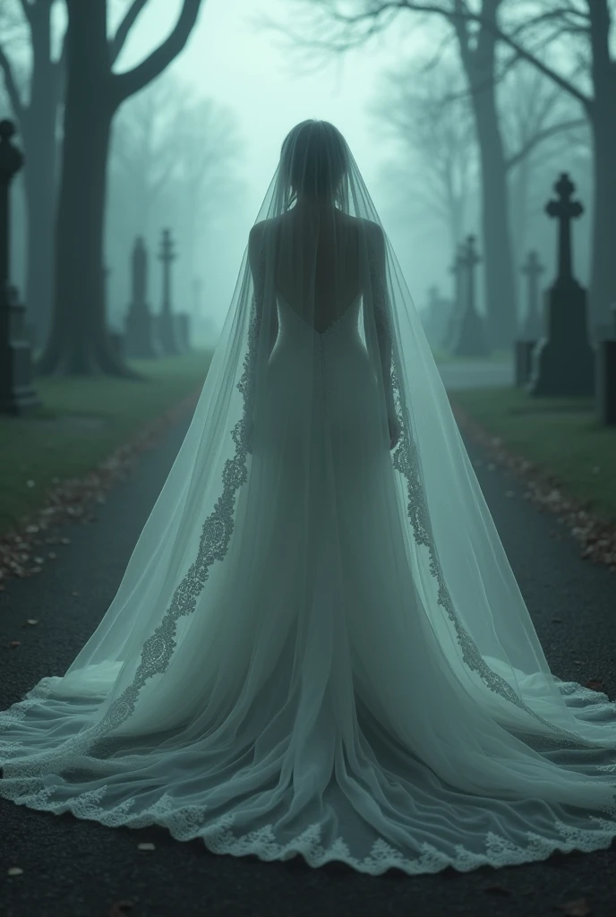 The silhouette of a bride, with a long veil, wandering along the road or around a cemetery, with ghostly lighting.