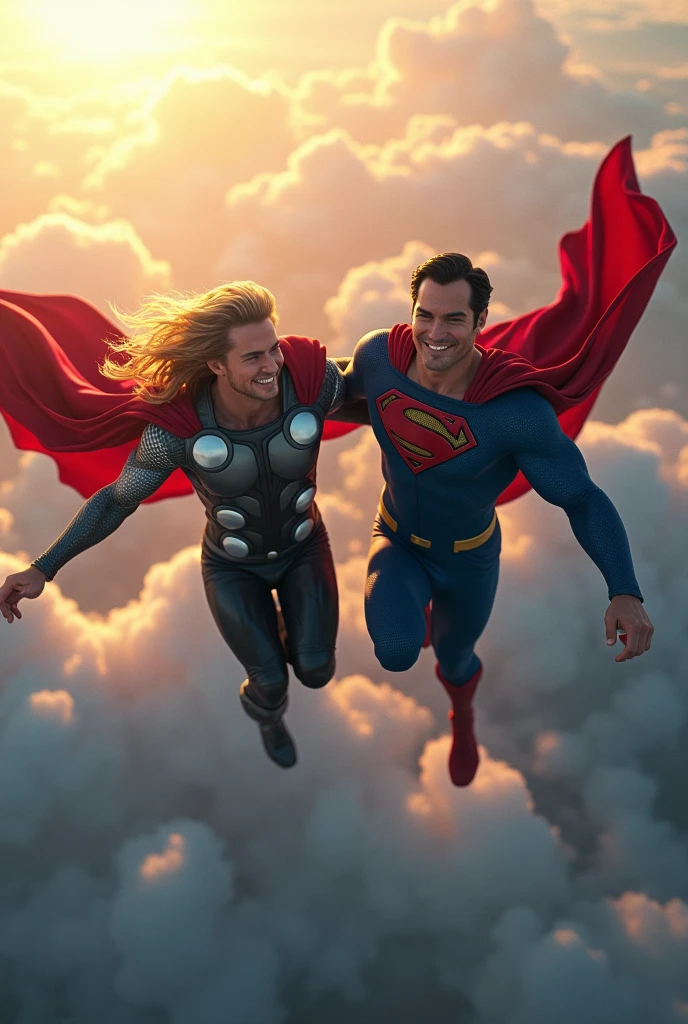 Thor and Superman flying in sky with smile 