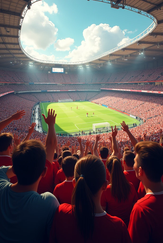 a stadium stand with people cheering,
they face, as if the players were seeing them