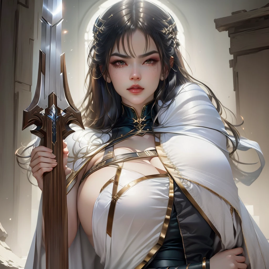 a close up of a woman with a sword and a white cape, artgerm detailed, artgerm julie bell beeple, artgerm greg rutkowski _ greg, aly fell and artgerm, concept art | artgerm, graphic artist artgerm, artgerm comic, style of raymond swanland, artgerm and warren louw