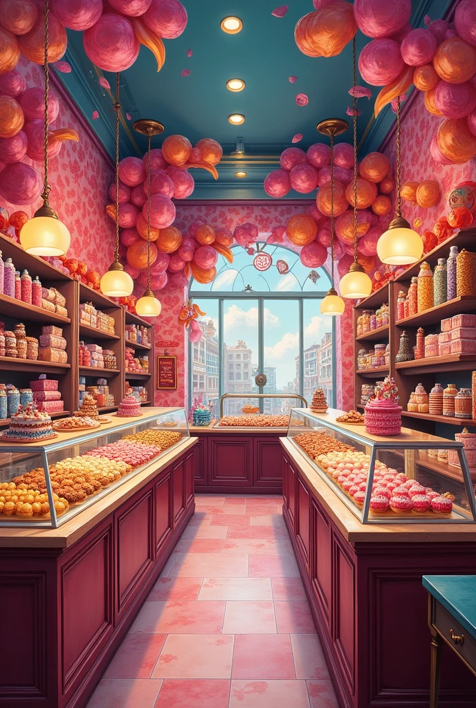A dazzling and vibrant sweet shop, filled with an array of colorful and delicious treats, each more tempting than the last. A sign hanging above reads “Passion” and “Food and Cakes.” This scene is depicted in a painting, capturing the essence of a sweet paradise. Intense shades of red, pink, and yellow dance before your eyes, drawing you in with their mouthwatering display. Attention to detail and impeccable craftsmanship make this image a delightful feast for the senses. Hyper-realistic and detailed image.