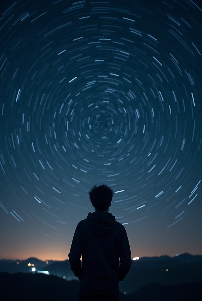 long exposure starry sky with many circular orbits, focus at stars,silhouette of a young man with his hands in her coat pockets looking up at it,golden ratio, wearing Hoodie