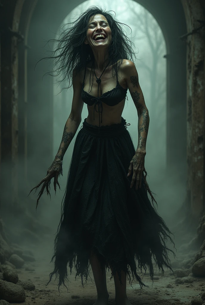 a witch woman with messy hair wearing a hunchback a long black and white ripped skirt laughing loudly in a scary place 