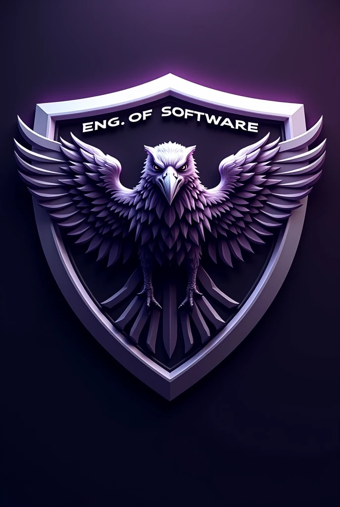 generate a 3D sports raven mascot logo shield in shiny silver and purple color, put a text strip "Eng. of Software" that involves the shield