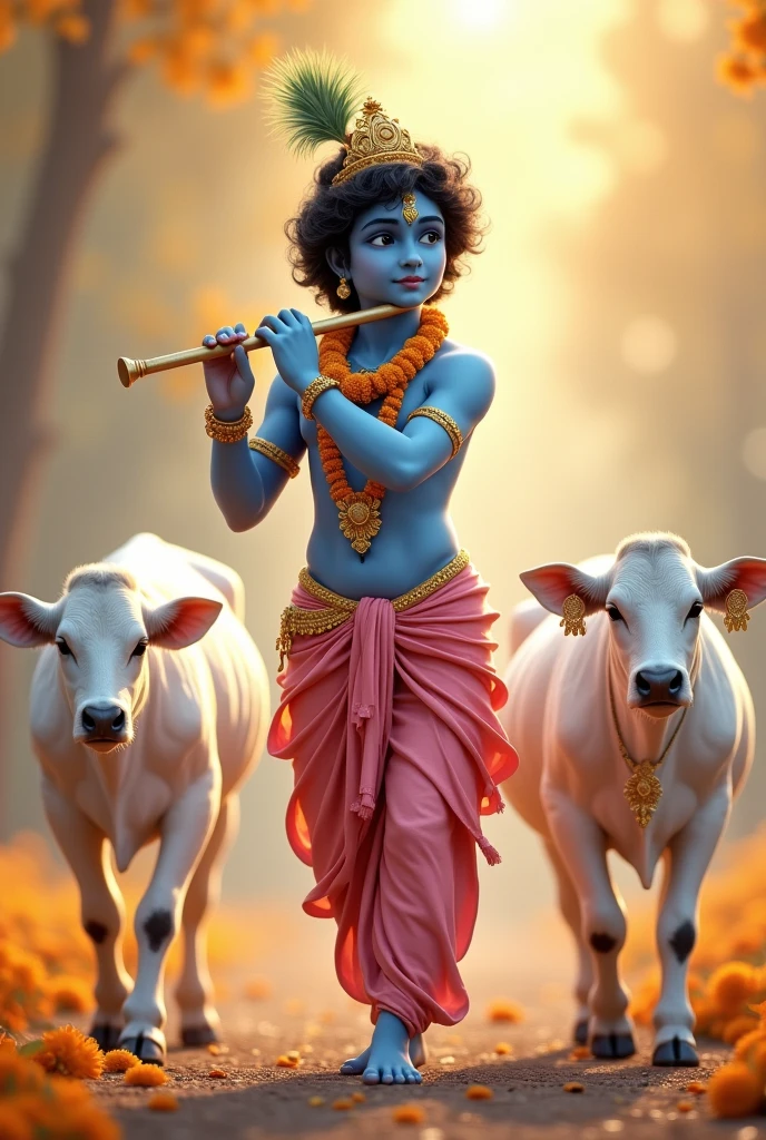 A young figure representing Lord Krishna stands serenely, playing a flute. The figure has blue skin and is adorned in traditional attire with a pink dhoti and a golden necklace. A garland of marigold flowers hangs around the neck. Two white cows are seen walking beside him against a softly blurred warm background. The overall scene conveys a sense of tranquility and devotion.