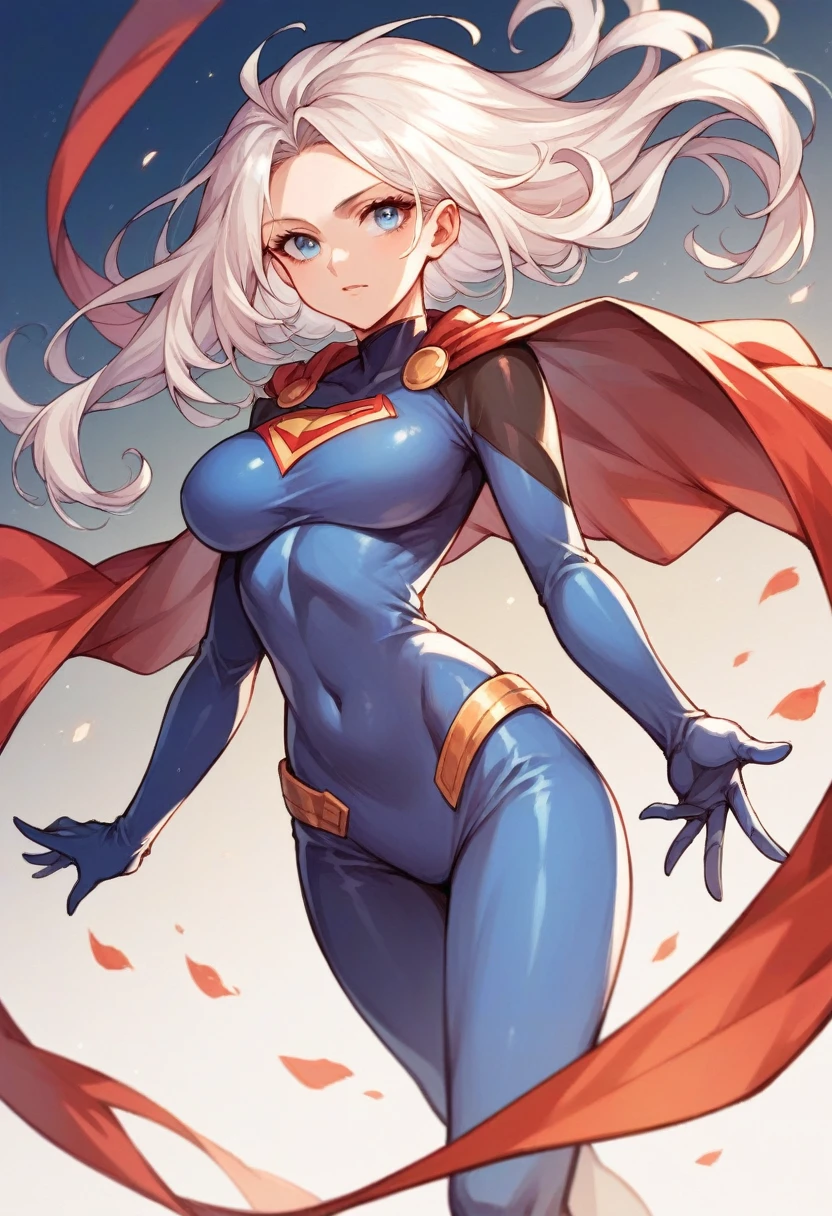 girl, anime, big breast, superhero outfit, strong woman, very beautiful, soft white hair, blue eyes 