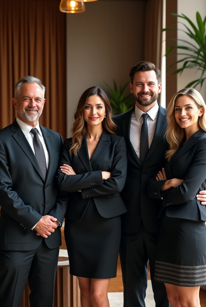 (photorealism:1.2), four businessmen, two of them a woman, the 4 with a lot of money 