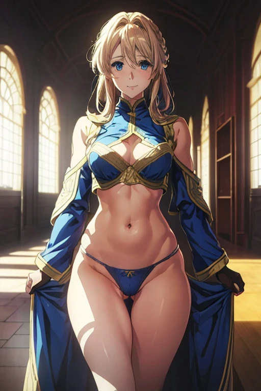 A beautifully detailed portrait of a girl in thin, tiny underwear. Toned, slender body, small ass, thin thighs, blonde hair, blue eyes, A-cup breasts. The underwear fits her perfectly, her curves, nipples and crotch are clearly visible as they bite into her underwear, she is covered from shoulders to gloves, smiling straight at the viewer. A masterpiece of Violet Evergarden, very detailed and high quality Kyoani style. She is clearly visible from head to toe.