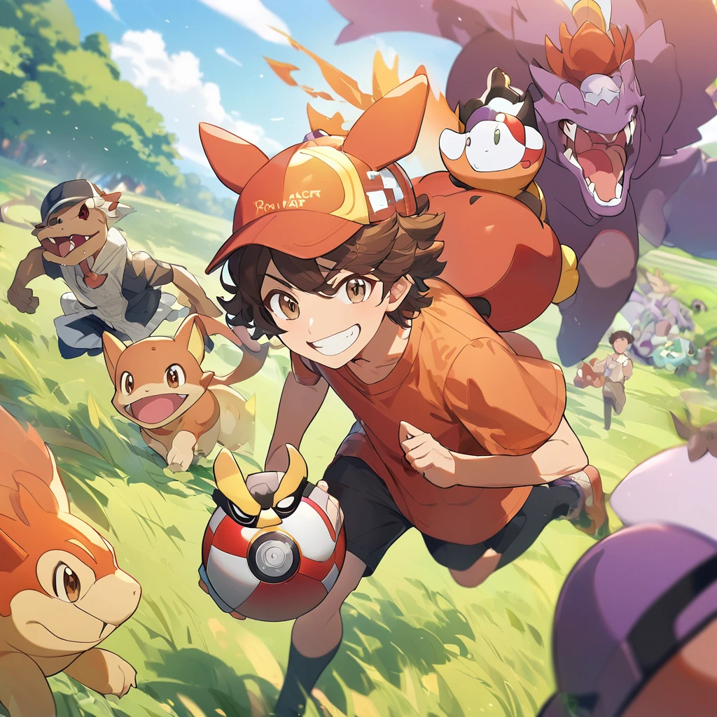 1 boy, 1 pokemon trainer, Wavy hair, wearing a pokemon hat, Skin color, Grinning, Holding a pokeball, gazing at viewer, chestnut hair, lightbrown eyes, in an open field, 1 pokemon charmander running, 1 pokemon rattata running, best qualityer, work of art, detalhamento, video tumbee, Red clothing
