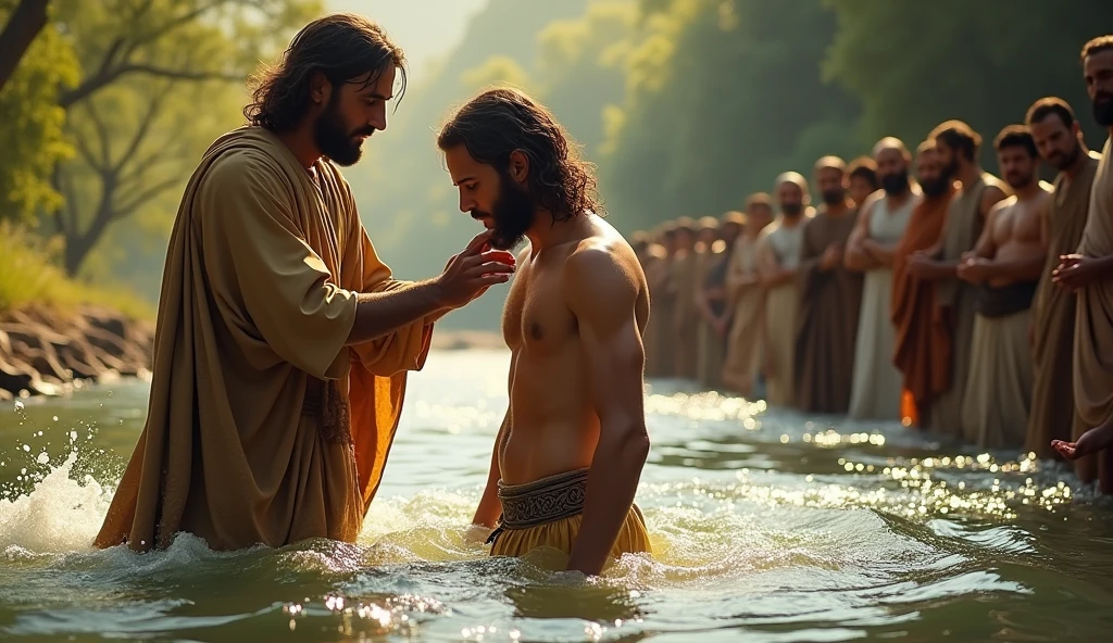 biblical history,
John the Baptist baptizes Jesus in the Jordan River, in the background there are several sinners