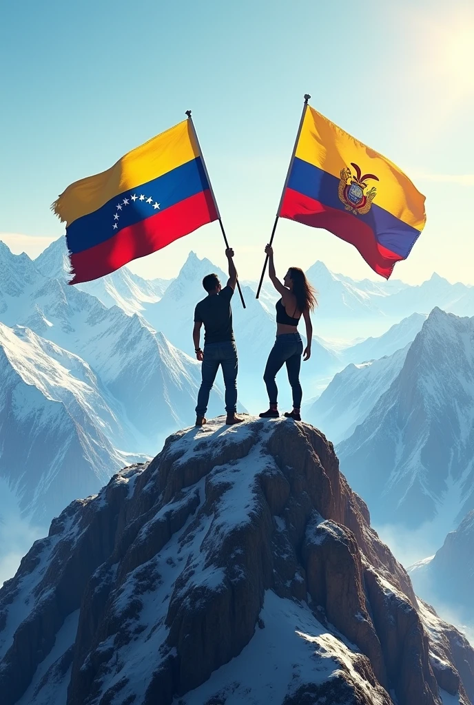 Two people raising flags, one flag of Vesuela and another flag of Ecuador on a high mountain