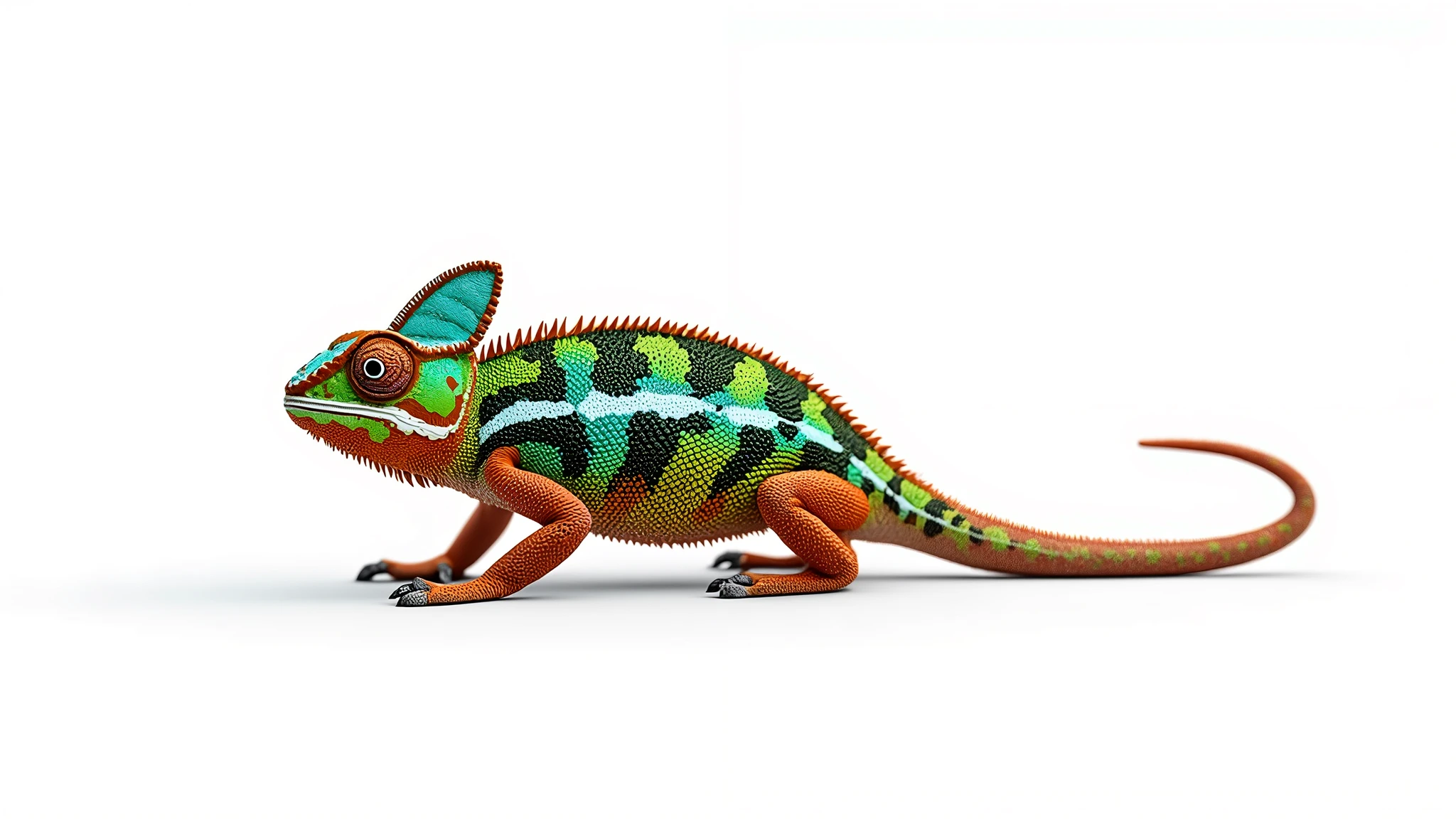 : Full-body image of a chameleon with its eyes rotating independently, showcasing its colorful skin texture, isolated on a white background. 8k  