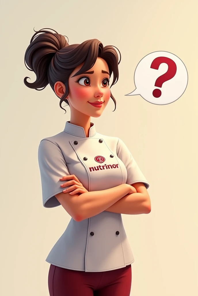 A FEMALE NUTRITIONIST WITH A MANAGERIAL AIR, DRESSED IN A CHEF&#39;S OUTFIT WITH THE NUTRINOR COMPANY LOGO IN BURGUNDY RED, EMBROIDERED ON THE CHEST OF THE CLOTHING, WITH ONE HAND ON THE WAIST AND THE OTHER ON THE CHIN, expressing doubt. DRAWING LIKE PIXAR. WITH A QUESTION MARK ABOVE HIS HEAD