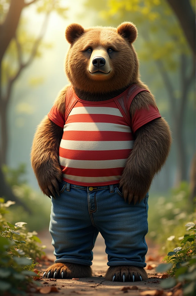 Bear wearing jeans and a red and white striped shirt 