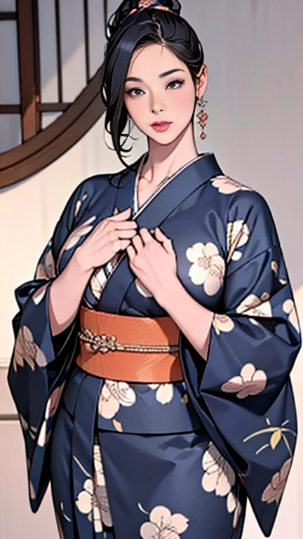 1，Japanese hairstyle，Photorealism，detailed，masterpiece，mature，((full))， (Broad shoulders), ((Huge))，Plus size mature women，expensive，30 years old，Pretty face, (Plump woman)，Beautiful long-sleeved kimono，kimono，Hold your chest with both hands:1，high quality，Are standing，High Resolution 4K Information,Kyoto,
