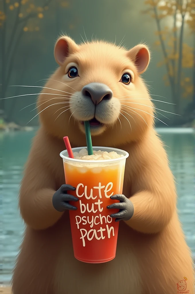A capybara drinking a drink with the following phrase written on it " cute but psychopath "