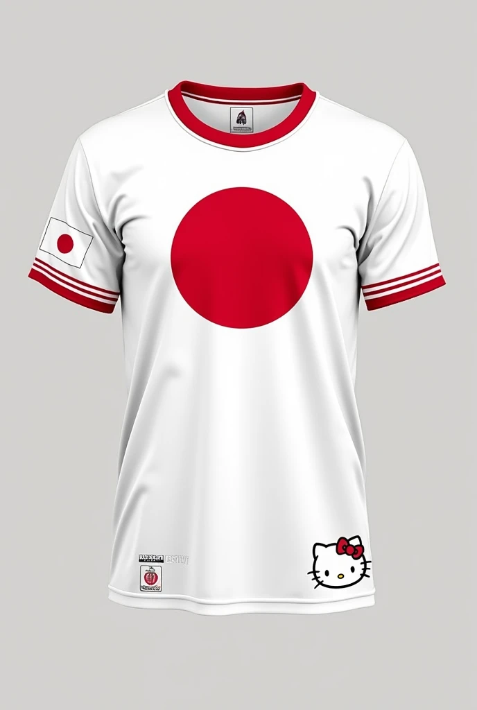 create a BASIC WHITE t-shirt BUT WITH JAPANESE DETAILS with a red STRIPE detail on the collar WITH THE JAPANESE FLAG and HELLO KITTY with a print for a sports team with a design based on Japan with Hello Kitty ON THE T-SHIRT add details that refer to Japan with a small Japanese flag with the number 1 - and a more detailed shirt