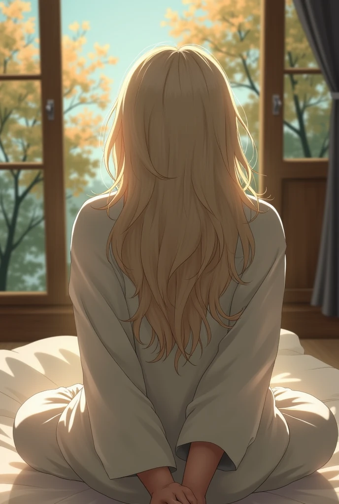 Use added image model. The avatar is looking outside a window, where maples trees are visible, bathed in the soft, twilight sunlight. The avatar is dressed in loose, comfortable pajamas, giving a relaxed and cozy appearance.