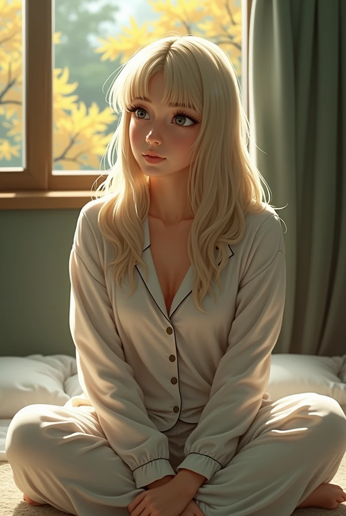 Use added image model. The avatar is looking outside a window, where maples trees are visible, bathed in the soft, twilight sunlight. The avatar is dressed in loose, comfortable pajamas, giving a relaxed and cozy appearance.