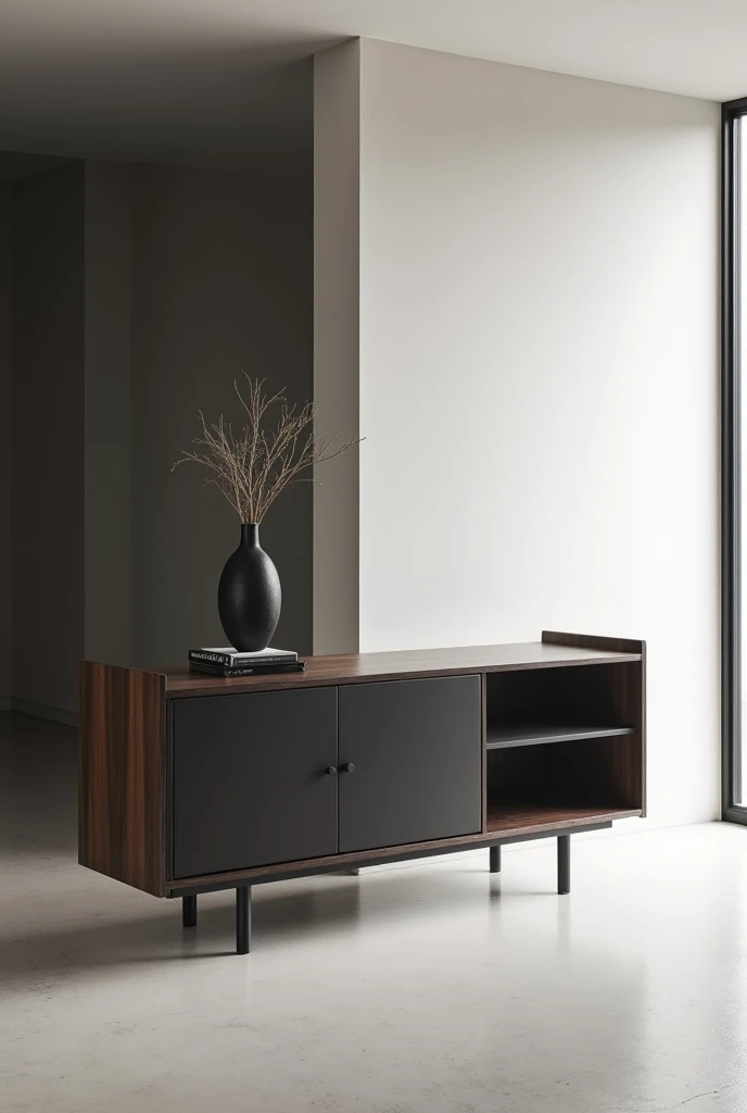 I want a detailed image of a modern custom piece of furniture in dark wood-like MDF and matte black MDF.