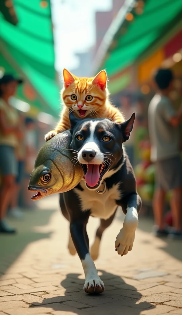 lateral view, hyper realist, A dynamic and humorous scene in a lively outdoor market. A black and white dog is running at great speed, with its tongue out in excitement. On the dog's back is a yellow striped cat with wide eyes and an open mouth, clutching tightly onto a large, shiny fish. The cat appears excited and surprised, as if it had just made a daring escape. The background features market stalls with green canopies, and some people are looking on in surprise, adding to the lively atmosphere of the market scene. He's generally playful and adventurous ar-16:9