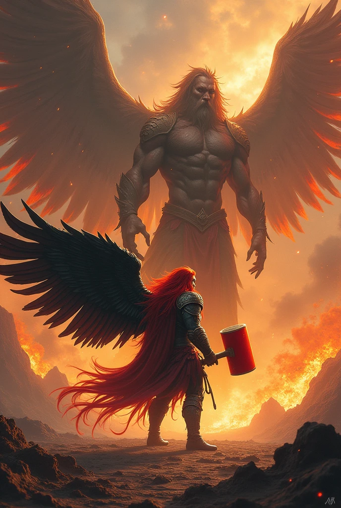 Man with long red hair, black wings and a big red hammer fighting a wingless fire colossus