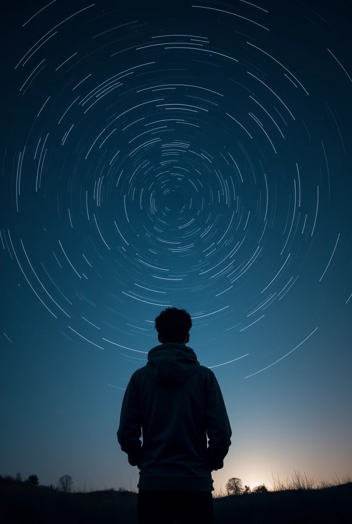 long exposure starry sky with many circular orbits, focus at stars,silhouette of a young man with his hands in her coat pockets looking up at it,golden ratio, wearing Hoodie