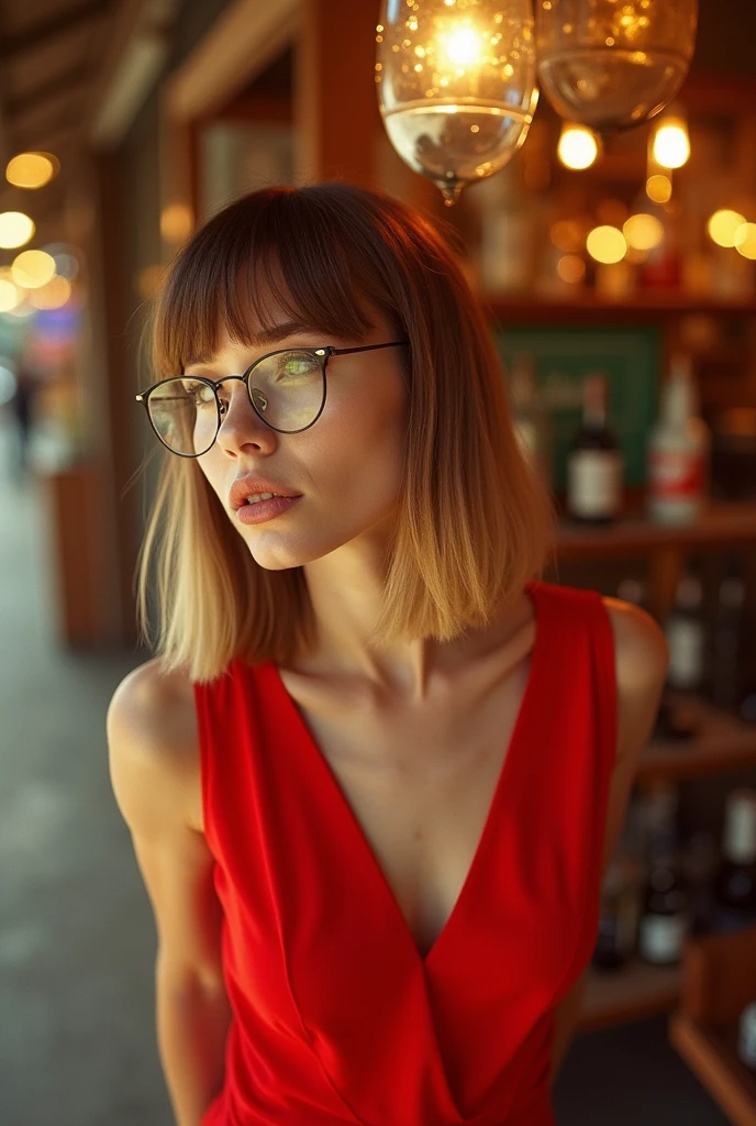 vintage photography of a man as a ((glamour model)) with ((long bob haircut)) wearing (eyeglasses), dressed in red dress, sleeveless, V-neckline, plain white, no distractions, standing straight, hands relaxed, confident stance, warm lighting, close-up shot, low angle, at a bazaar selling bottled dreams and captured starlight, detailed skin pores, sharp focus, glow effect, (composition), (overhead shot:1.2), shot on Kodak PIXPRO AZ901 with Built-in 4.3-258mm f-2.9-6.7, photo by Larry Clark, gradient hair, light brown hair, halo, tongue out, film grain, drop shadow, 16k