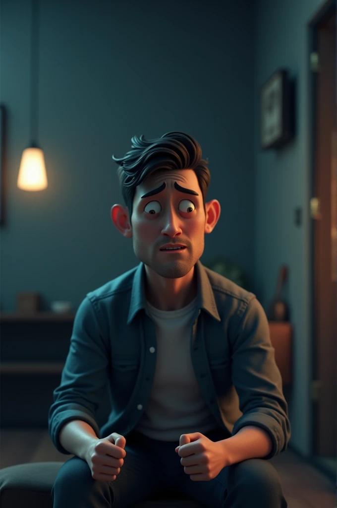 Create cinematic 3d cartoon style images "a man sitting in tention?"