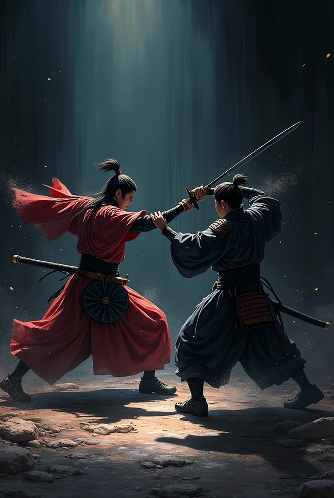 A anime samurai doing fight in black dark room