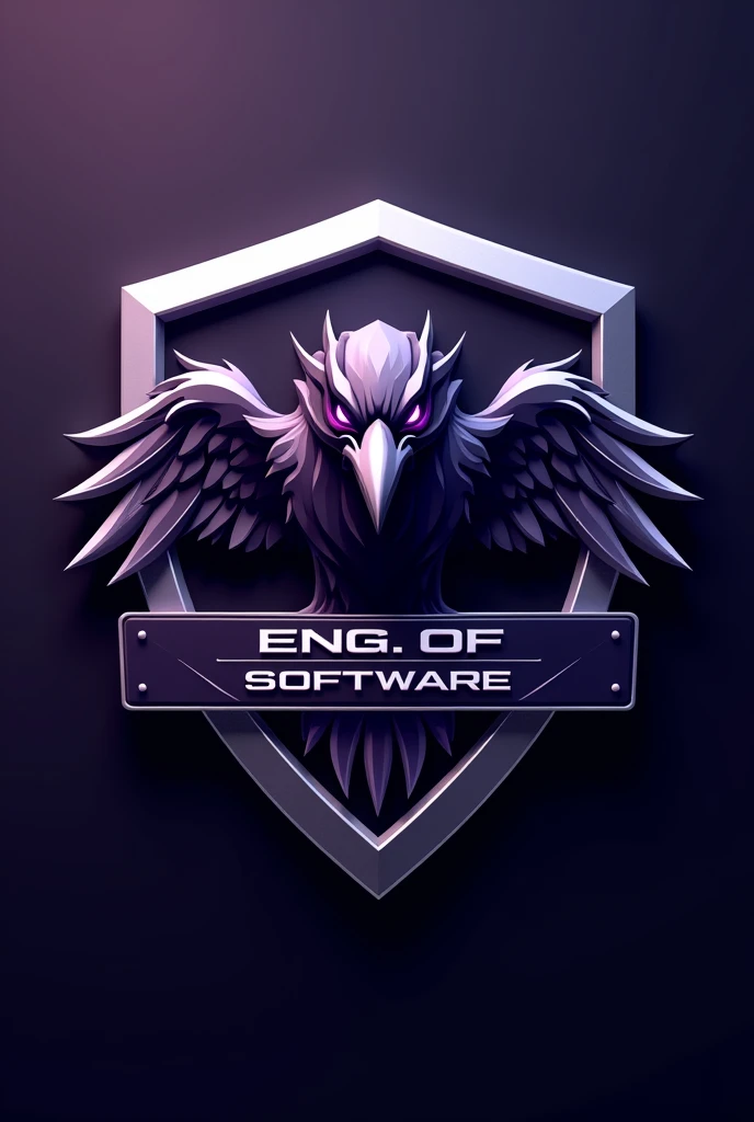 generate a 3D sports raven mascot logo shield in shiny silver and purple color, put a text strip "Eng. of Software" that involves the shield
