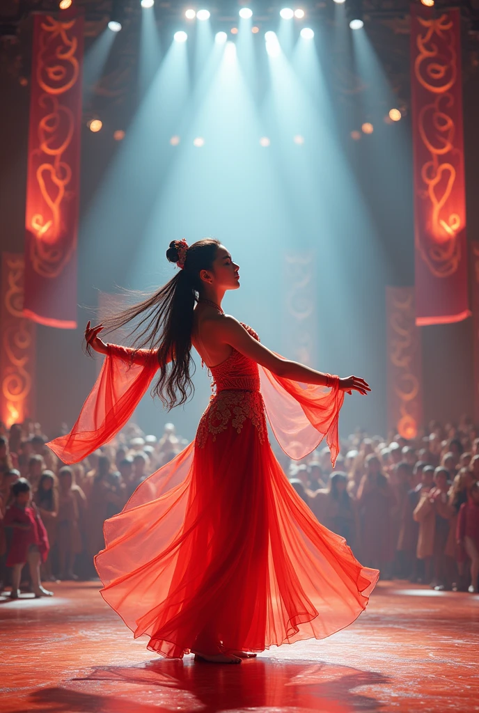 An asian girl performing and dancing on a big stage.