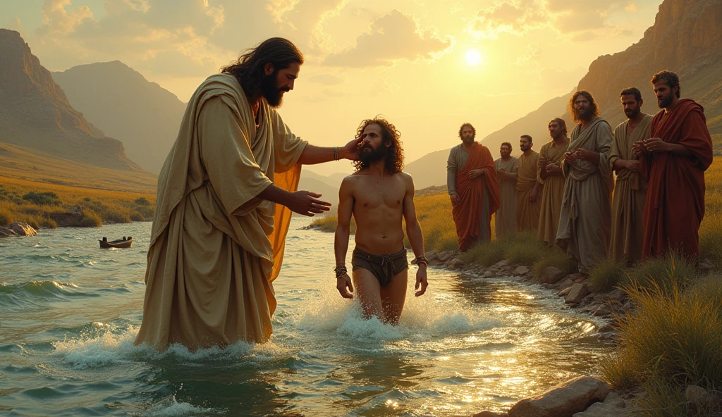 biblical history,
John the Baptist baptizing Jesus in the Jordan River, in the background several sinners