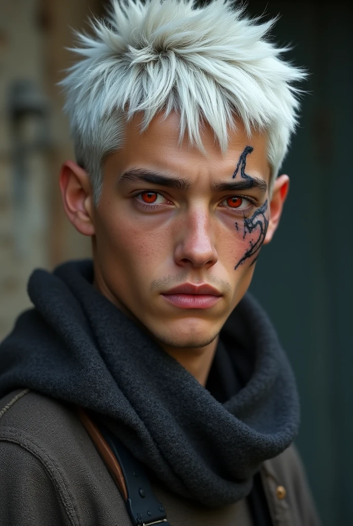 Joung man + white hair + red eyes + tan skin + fabric sweater + scar in face