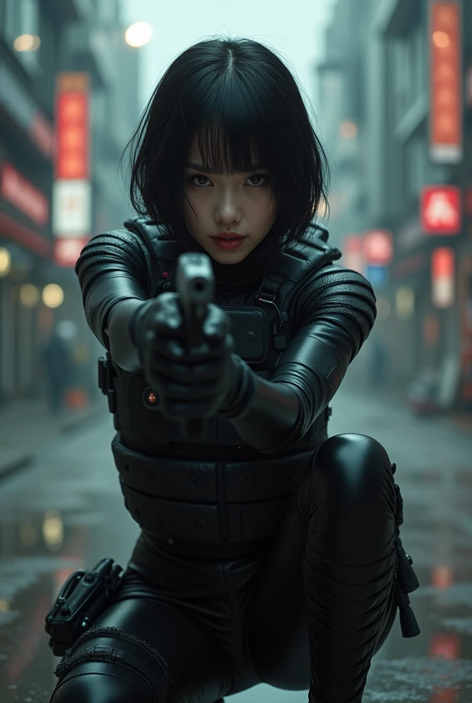 (masterpiece,Distinguished Quality,Mirror-like,Cinematic Experience,insanely detailed,absurdres),8k,wallpaper,,(Best illustrations:2.0),(One Woman:2.0),(Kitana:2.0),(Ghost in the Shell-style worldview:2.0),(Black tactical bodysuit:2.0),(Heavy black bulletproof vest:2.0),(Black gloves:2.0),(Short Bob:2.0),(Beautiful Eyes),(Detailed face),(Detailed female hand drawing:2.0),(sexy:2.0),(He kneels down and aims a pistol at me.:2.0),(Raise your right knee:2.0),(The background is Tokyo, where science and technology have developed.:2.0),(The background is drawn in monochrome:2.0),(sf:2.0)