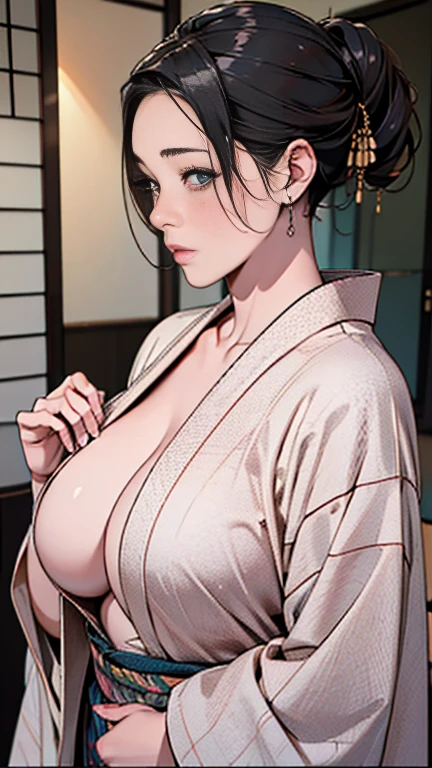 1,Japanese hairstyle,Photorealism,detailed,masterpiece,mature,((full)), (Broad shoulders), ((Huge)),Plus size mature women,expensive,30 years old,Pretty face, (Plump woman),Beautiful long-sleeved kimono,kimono,Hold your chest with both hands:1,high quality,Are standing,High Resolution 4K Information,Kyoto,